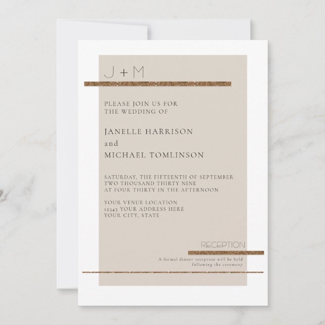 Modern Simple Minimal Beige Tan Gold Deco Wedding Invitation (Front)