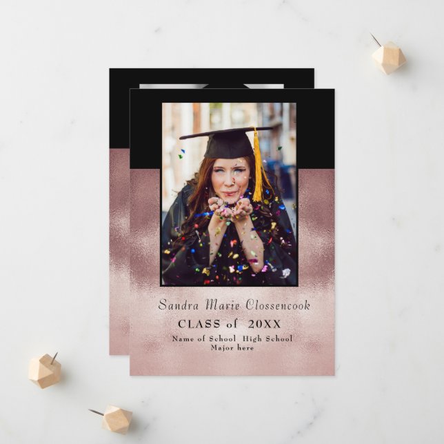 Modern Simple Minimal Rose Black graduation Announ Announcement (Front/Back In Situ)