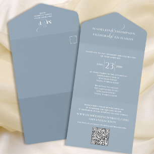 Modern Simple Minimalist Dusty Blue   QR Code RSVP All In One Invitation