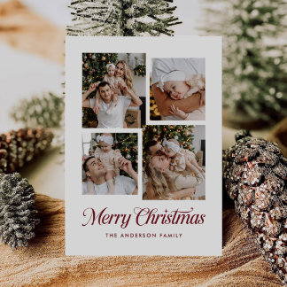 Modern Simple Minimalist Four Photo Collage Holiday Card