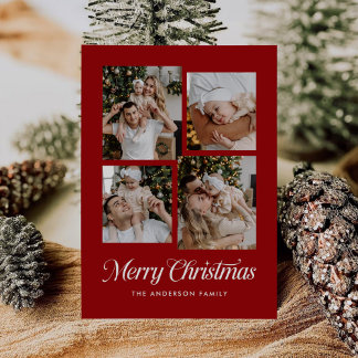 Modern Simple Minimalist Four Photo Collage Holiday Card