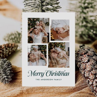 Modern Simple Minimalist Four Photo Collage Holiday Card