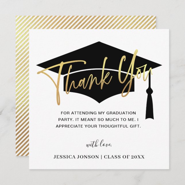Modern Simple Minimalist Golden Black Graduation Thank You Card (Front/Back)