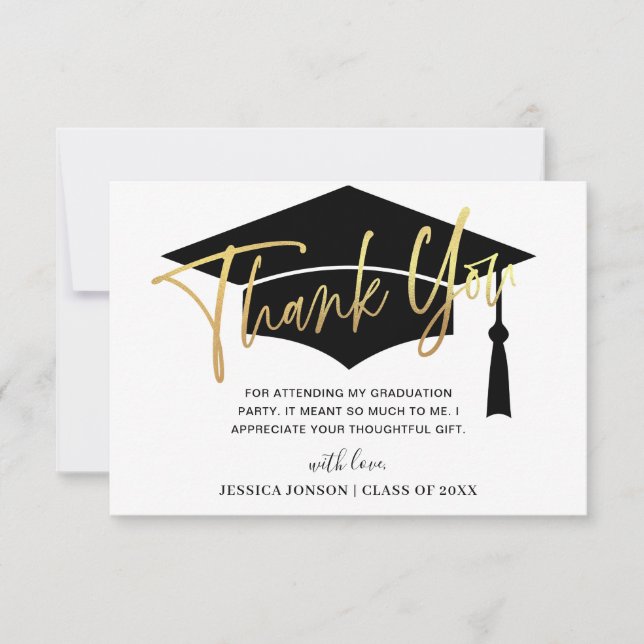 Modern Simple Minimalist Golden Black Graduation Thank You Card (Front)