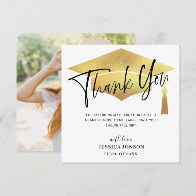 Modern Simple Minimalist Golden Graduation Photo T Thank You Card (Front/Back)