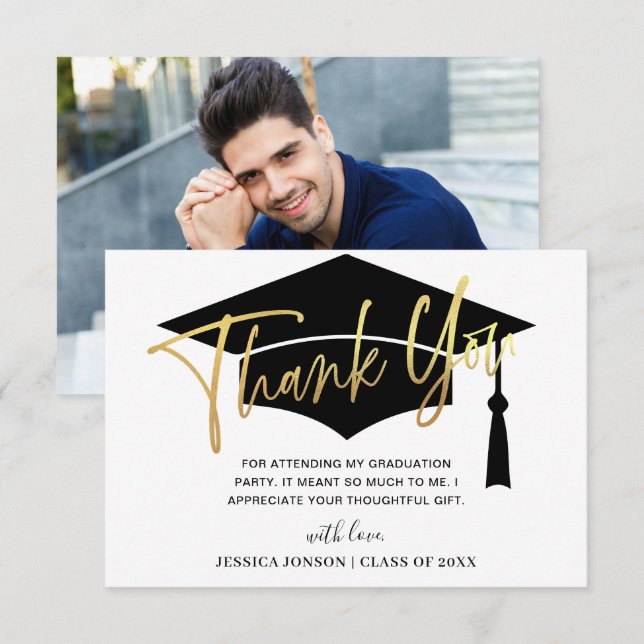 Modern Simple Minimalist Golden Graduation PHOTO Thank You Card (Front/Back)