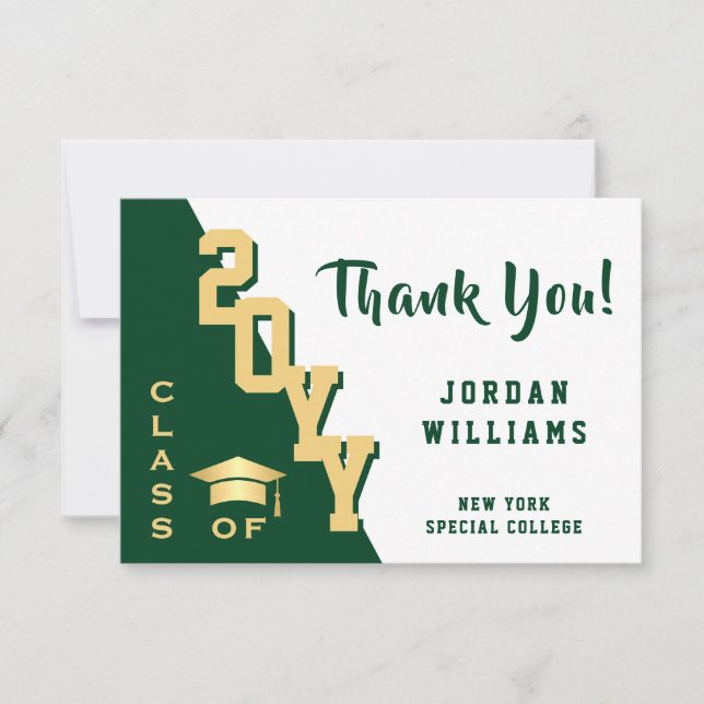 Modern Simple Minimalist Golden Green Graduation Thank You Card (Front)