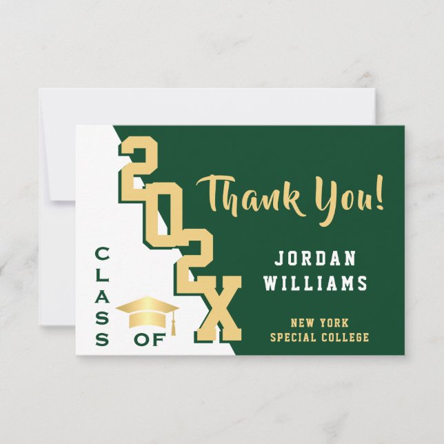 Modern Simple Minimalist Golden Green Graduation Thank You Card (Front)