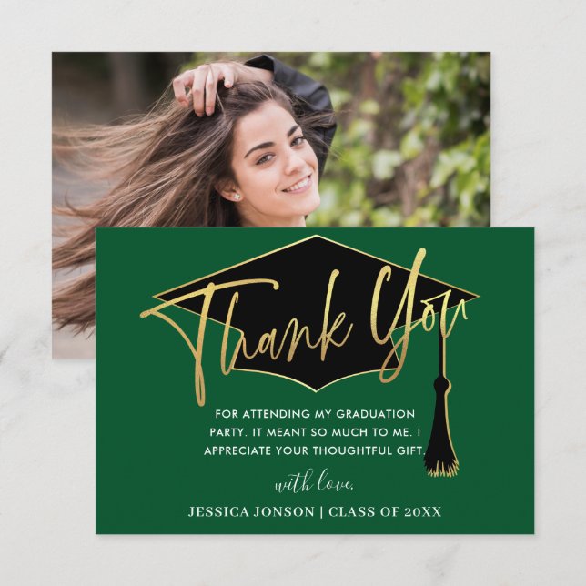Modern Simple Minimalist Golden Green Graduation Thank You Card (Front/Back)