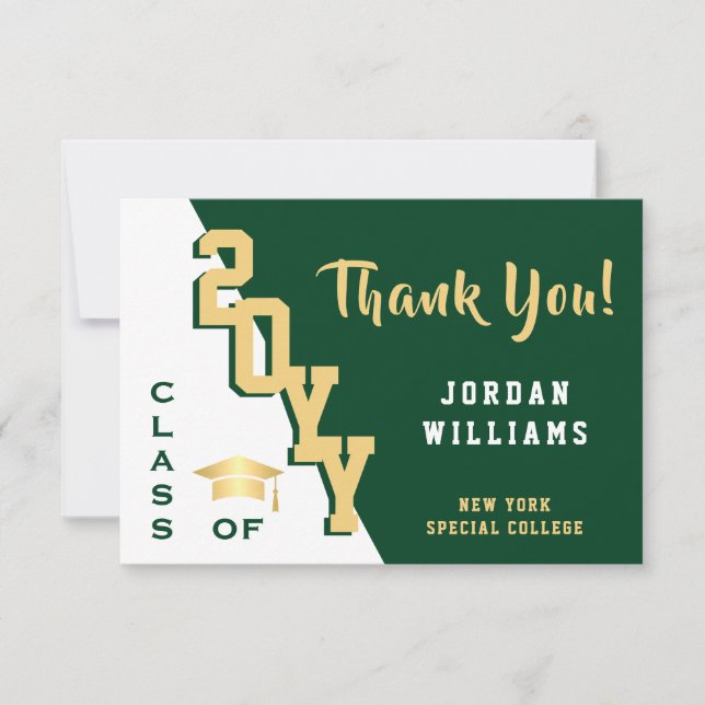 Modern Simple Minimalist Golden Green Graduation Thank You Card (Front)