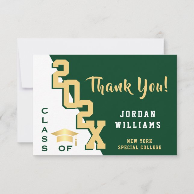 Modern Simple Minimalist Golden Green Graduation Thank You Card (Front)