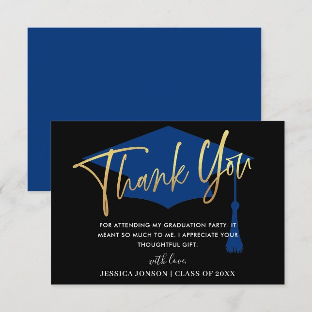 Modern Simple Minimalist Golden Navy Graduation  Thank You Card (Front/Back)