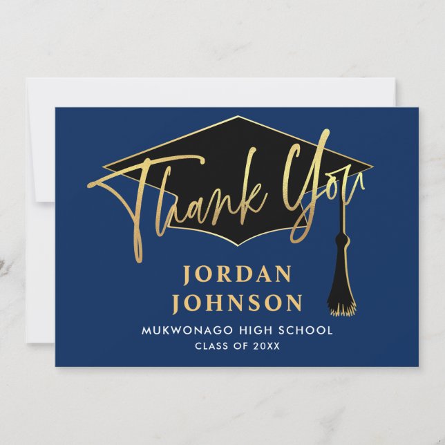 Modern Simple Minimalist Golden Navy Graduation  Thank You Card (Front)