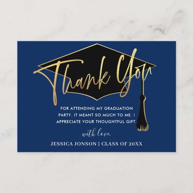 Modern Simple Minimalist Golden Navy Graduation Thank You Card (Front)