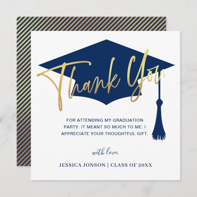 Modern Simple Minimalist Golden Navy Graduation  Thank You Card (Front/Back)
