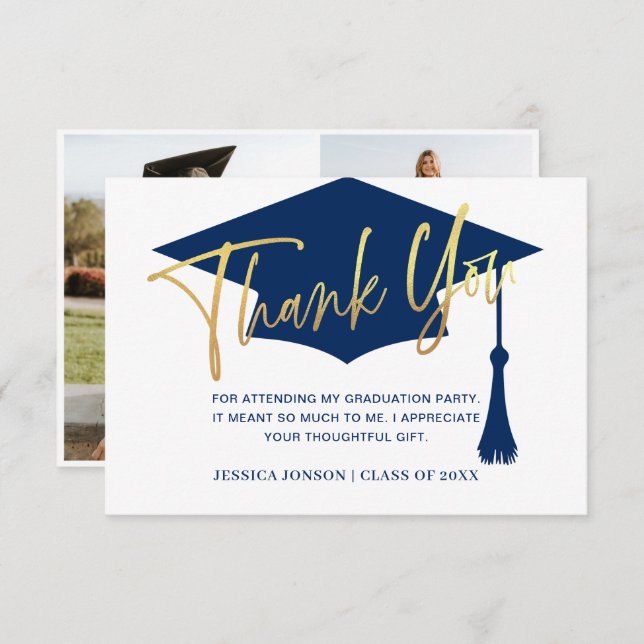 Modern Simple Minimalist Golden Navy Graduation  Thank You Card (Front/Back)