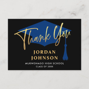 Modern Simple Minimalist Golden Navy Graduation Thank You Card
