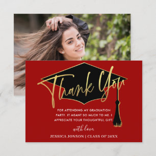 Modern Simple Minimalist Golden Red Graduation Thank You Card