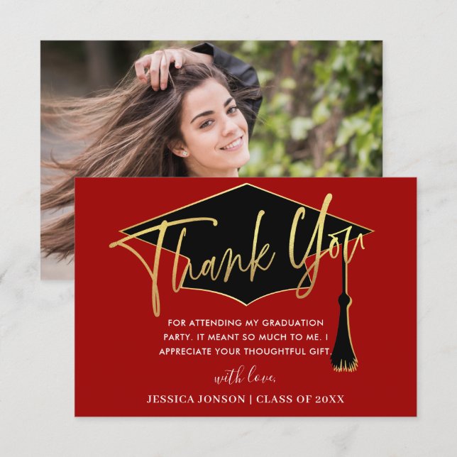 Modern Simple Minimalist Golden Red Graduation Thank You Card (Front/Back)