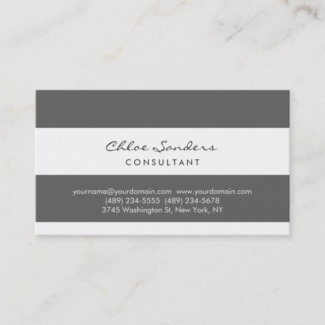 Modern Simple Minimalist Grey White Striped Business Card (Front)