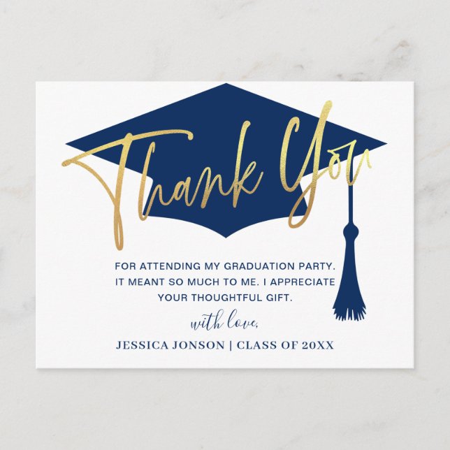 Modern Simple Minimalist Navy Graduation Thank You Postcard (Front)