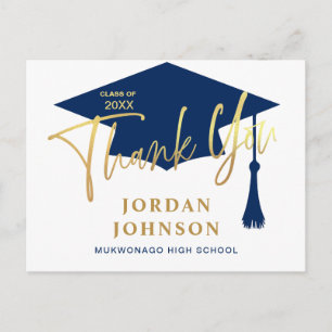 Modern Simple Minimalist Navy Graduation Thank You Postcard
