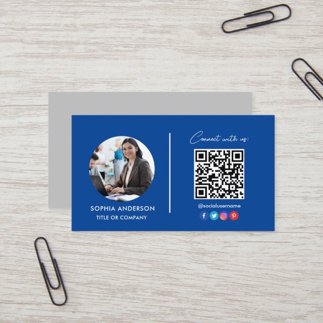 Modern Simple Minimalist QR Code Social Media Blue Business Card (Front/Back In Situ)