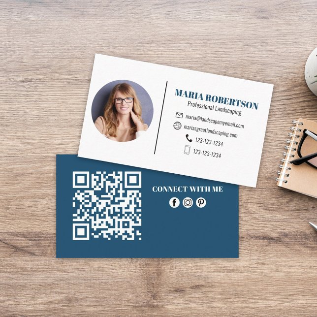 Modern Simple Minimalist QR Code Social Media Blue Business Card (Modern style photo business card with circle photo template. )