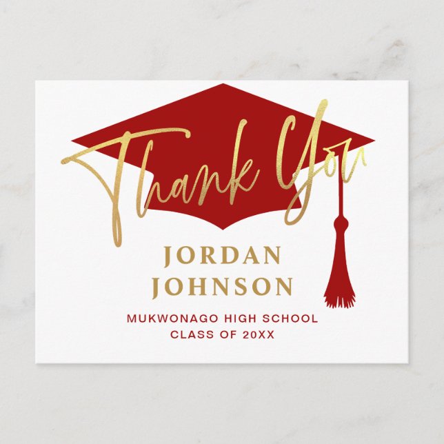 Modern Simple Minimalist Red Graduation Thank You Postcard (Front)