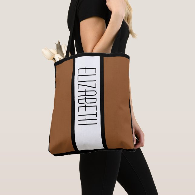 Modern Simple Minimalist Rustic Custom Name Brown Tote Bag (Close Up)