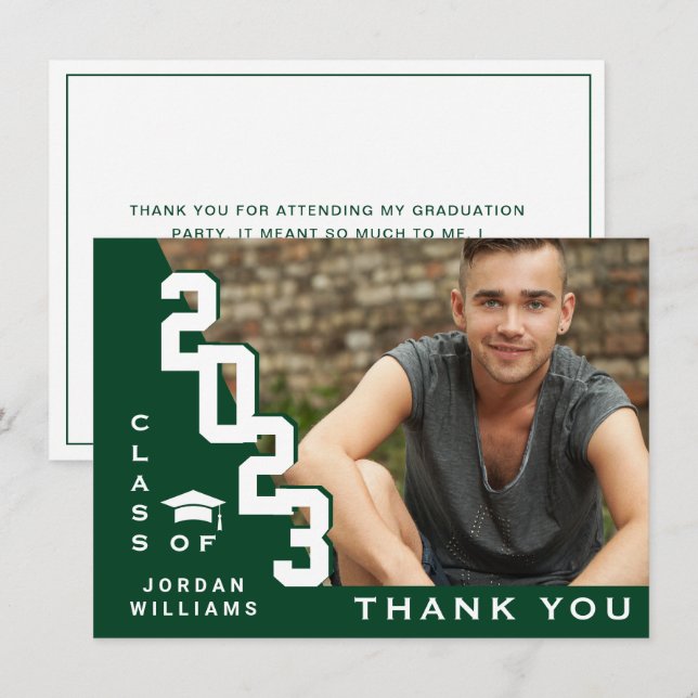 Modern Simple Minimalist White Green Graduation Thank You Card (Front/Back)