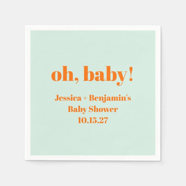 Modern Simple Mint Orange Baby Shower Custom Name Napkin (Front)