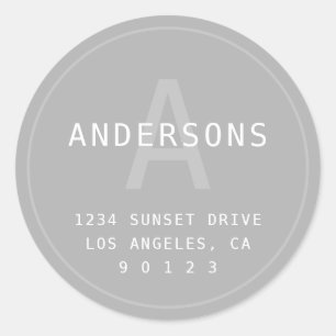 Modern Simple Monogram & Address   Light Grey Classic Round Sticker