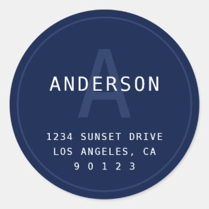 Modern Simple Monogram Address   Navy Blue & White Classic Round Sticker