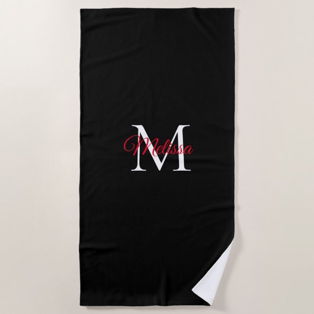 Modern simple monogram black red beach towel (Front)