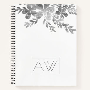 Modern Simple Monogram Black White Floral Business Notebook