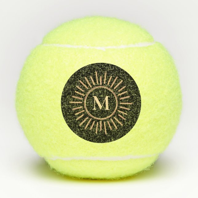 Modern Simple Monogram Black Yellow Gold Tennis Balls (Front)