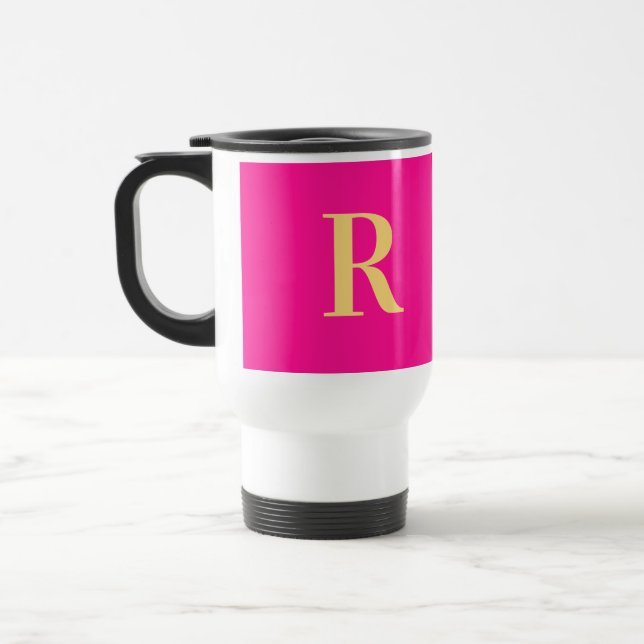 Modern Simple Monogram Hot Pink Travel Mug (Left)