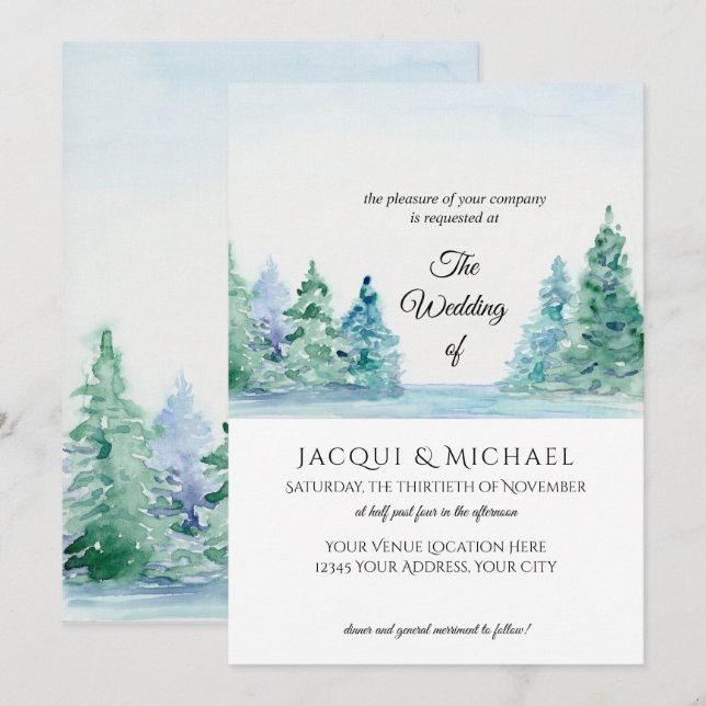 Modern Simple Mountain Lake n Forest Wedding Invitation (Front/Back)