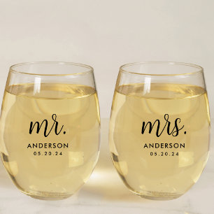 Modern Simple Mr. and Mrs. Newlywed Gift Stemless Wine Glass