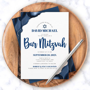 Modern Simple Navy Blue Agate Script Bar Mitzvah Invitation