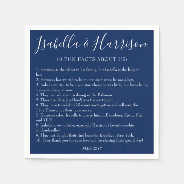 Modern Simple Navy Blue Fun Facts Wedding Napkins (Front)