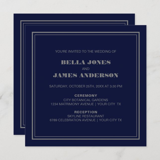 Modern Simple Navy Blue Grey Wedding Invitation (Front/Back)