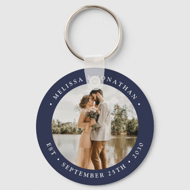 Modern Simple Navy Blue Photo Wedding Favour Key Ring (Front)