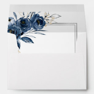 Modern Simple Navy Blue & Silver Floral Wedding Envelope