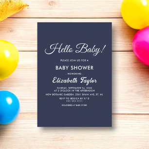 Modern Simple Navy Blue White Elegant Baby Shower Invitation