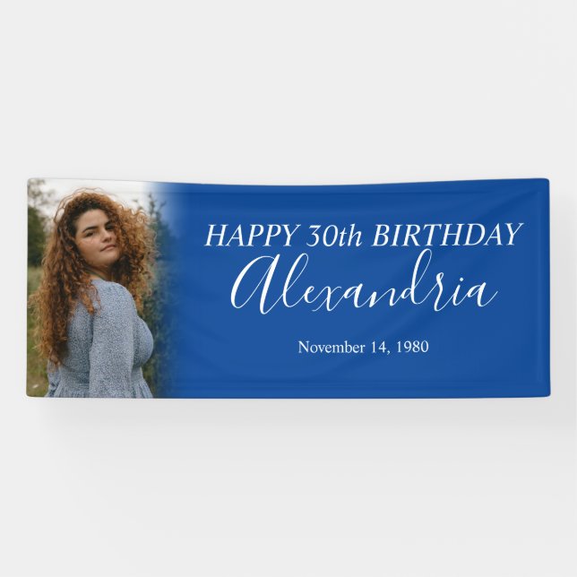 Modern Simple Navy Blue White Photo Birthday Party Banner (Horizontal)