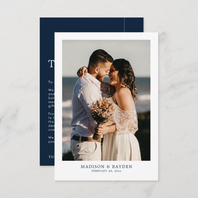 Modern Simple Navy Blue with Photo Wedding Thank You Card (Front/Back)