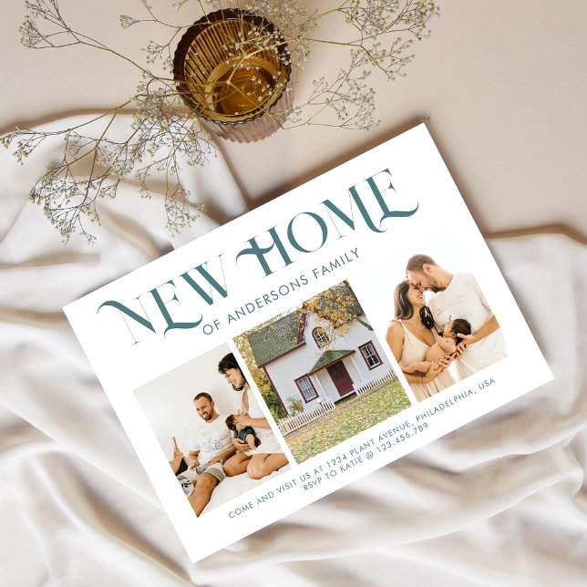 Modern Simple New Home 3 Photo Moving Teal Announcement Postcard (Creator Uploaded)