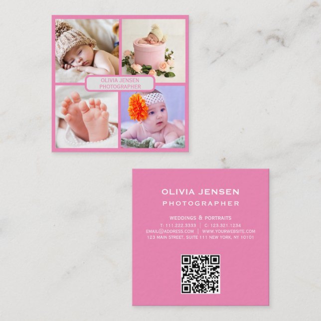 Modern Simple Newborn Photography Pink qr code Square Business Card (Front/Back)